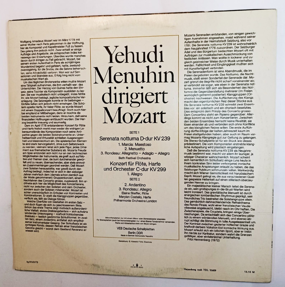 Винтажная виниловая пластинка Menuhin dirigiert Mozart Menuhin Иегуди Менухин Dirigiert Mozart Моцарт (GDR 1980)