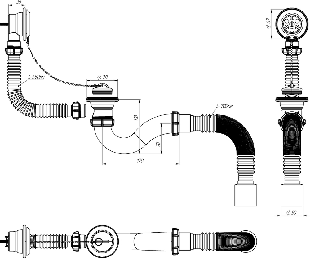 AQUANT СИФОН ДЛЯ ВАННЫ 1 1 2Х40 С ВЫПУ ПЕРЕЛ С МЕТ.РЕШ 40Х50 (V150-30-MR)