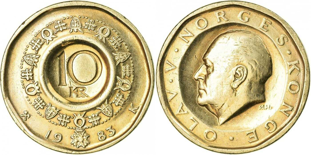 Норвегия 10 крон, 1983-1991 Король Улаф V XF