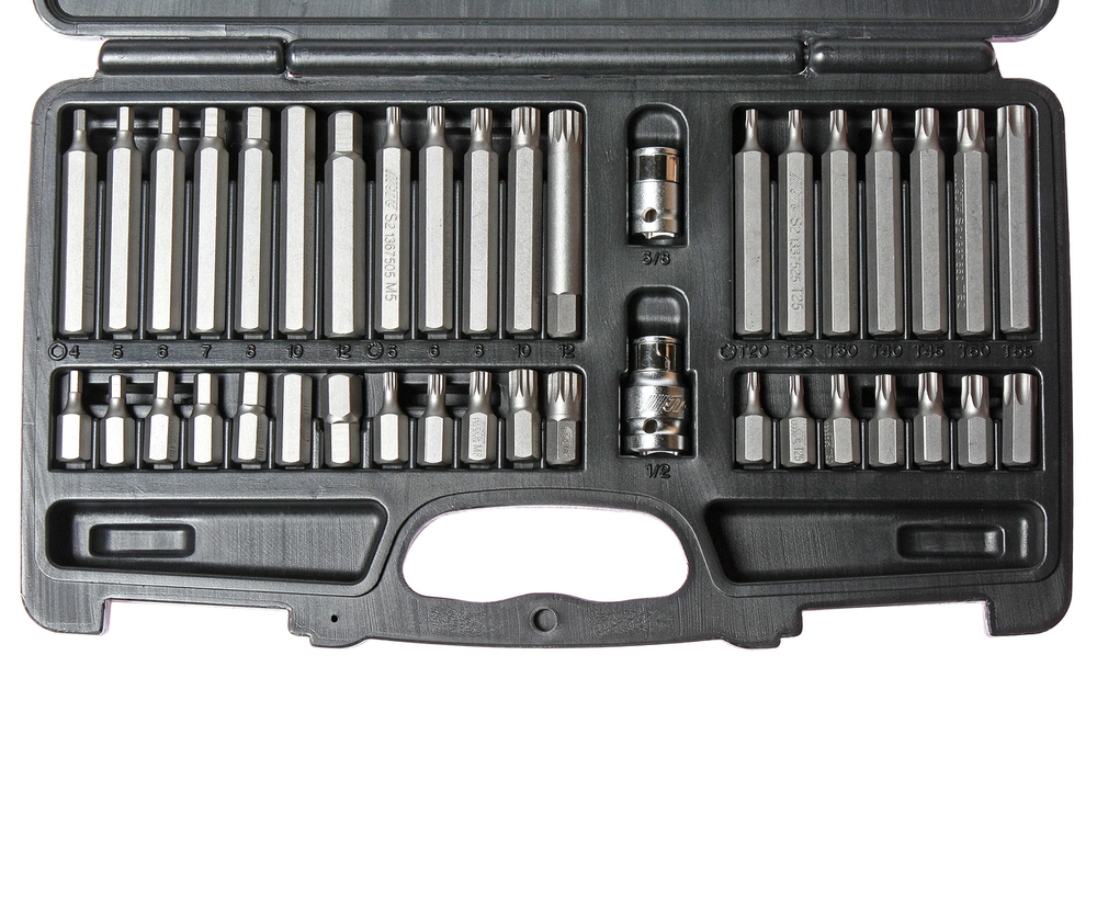 Набор бит 1/2" 3/8" SPLINE, TORX, HEX с держателем 40 предметов в кейсе JTC