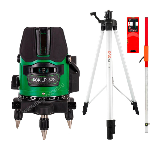 Комплект: лазерный уровень RGK LP-62G + штатив RGK LET-170, приемник RGK LD-9, рейка RGK LR-2