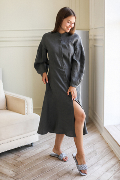 Платье со стойкой Людмила изо льна цвета графит