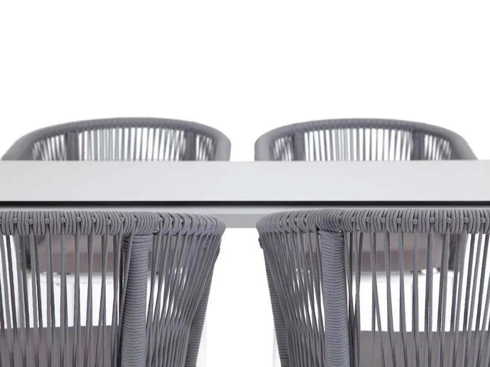 "Малага" обеденная группа на 4 персоны со стульями "Марсель", каркас белый, роуп светло-серый