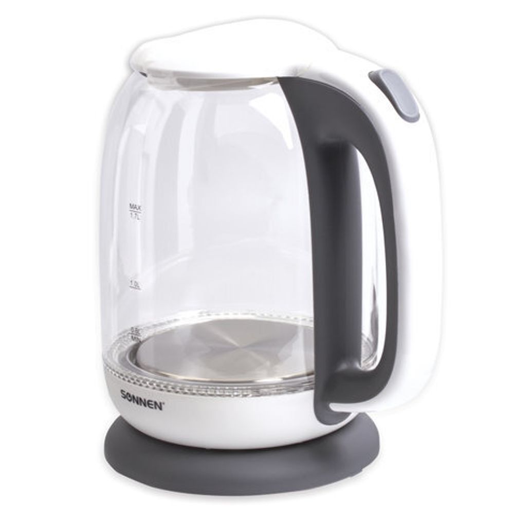 Чайник SONNEN KT-1792, 1,7 л, 2200 Вт, закрытый нагревательный элемент, стекло, белый, подсветка, 454348