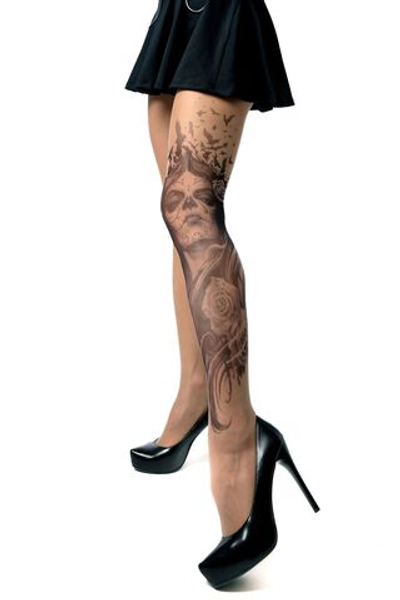 Колготки с рисунком в виде девушки с макияжем калавера (Размер: S-M-L) (Цвет: бежевый)