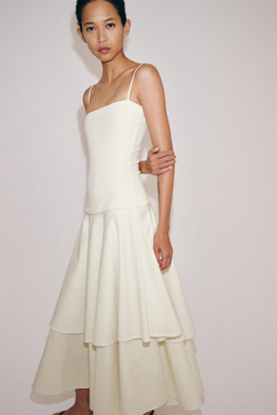 ZARA КОМБИНИРОВАННОЕ ПЛАТЬЕ С ВОЛАНАМИ, ЭКРЮ