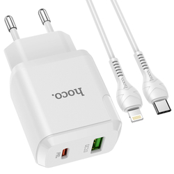 Адаптер питания Hoco N5 Favor dual port PD+QC 3.0 charger с кабелем Lightning to Type-C (USB: 5V max 3.0A/ 20Вт) Белый