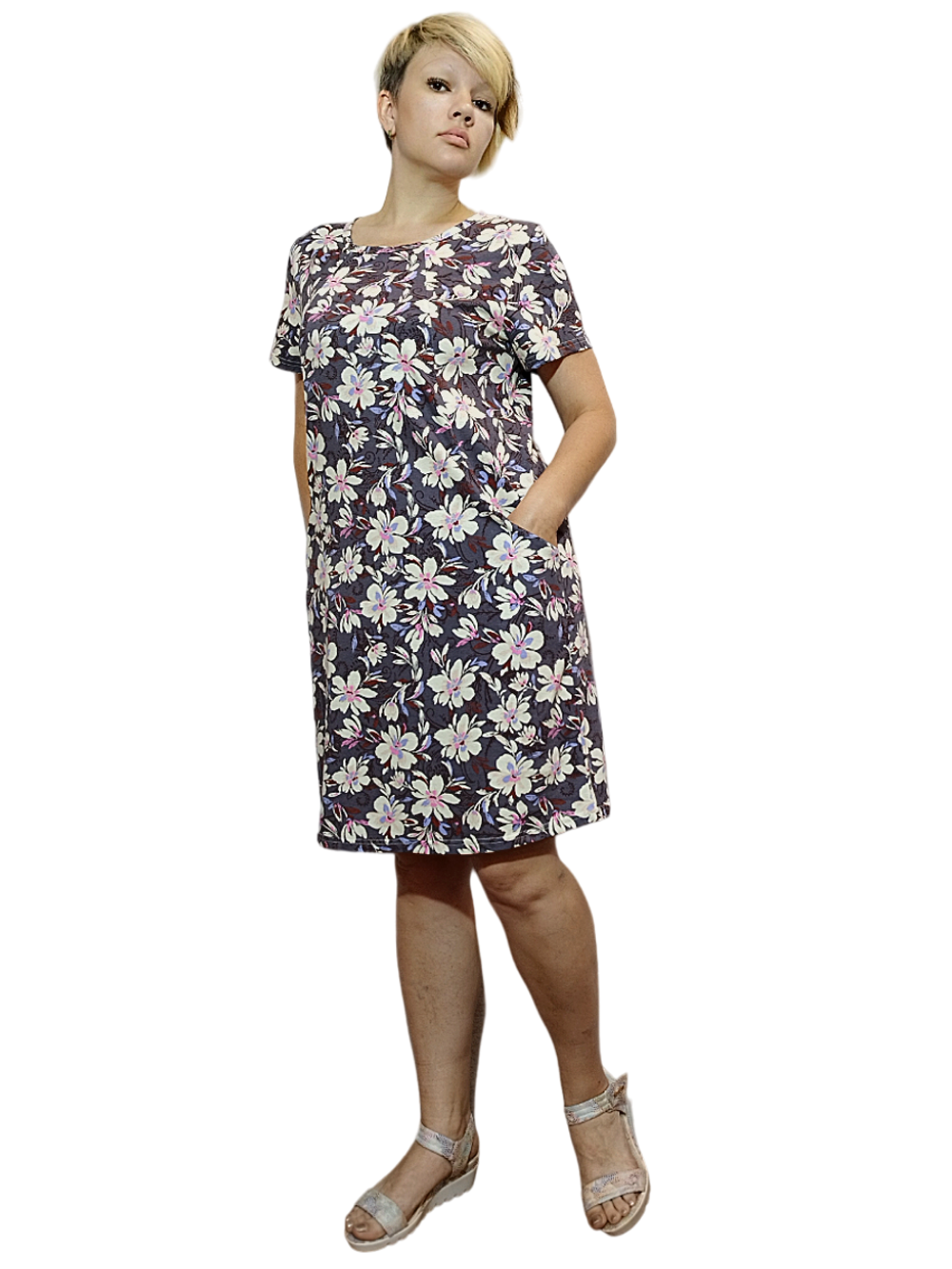 2118 Пеньюар-туника цветы на сером (60)