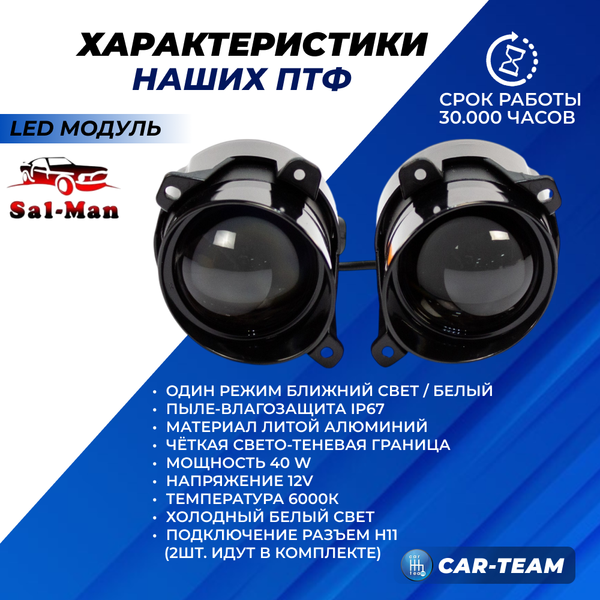 Противотуманные фары (ПТФ) Лада Гранта, Калина 1-2, Ларгус "Sal-Man" лазерные с Bi-LED модулем, ближний свет (арт. 01711)