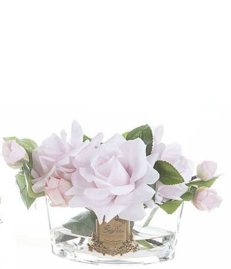 Розовый букет роз в прозрачной овальной вазе и розовой коробке с золотом, Cote Noire