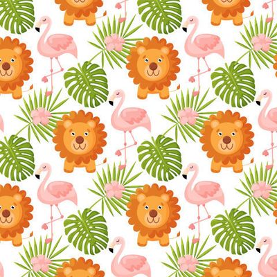 Детский образец с милыми животными и цветами джунглей. Лев и фламинго.