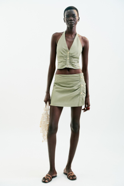 ZARA ТОП ИЗ СМЕСОВОГО ЛЬНА С ГОРЛОВИНОЙ ХАЛТЕР, СВЕТЛЫЙ ХАКИ