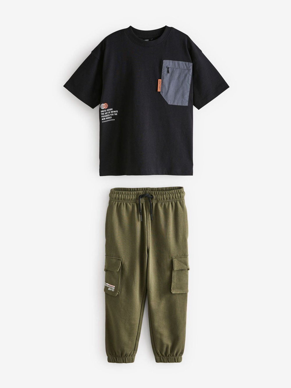 Футболка и брюки карго в комплекте для мальчика Next B84-555, Черный, Хаки