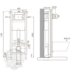 Система инсталляции для подвесного унитаза Migliore Expert Evo(крепление стена-пол, без панели и ручки) H1130xL400xP150/210 mm схема