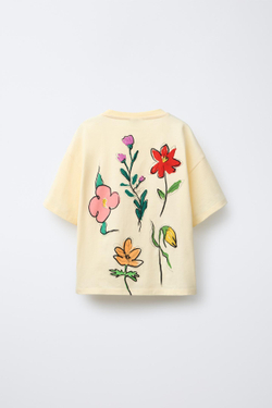 ZARA ФУТБОЛКА С ЦВЕТОЧНЫМ ПРИНТОМ И НАДПИСЬЮ, ЖЕЛТЫЙ