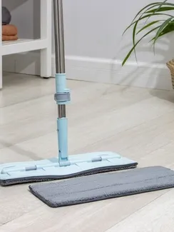 Швабра для мытья пола силиконовая, мягкая, насадка из микрофибры 39×14 см, телескопическая ручка из нержавеющей стали 88-128 см, цвет голубой