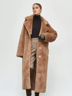Шуба чебурашка длинная из овечьей шерсти, светло-коричневая, SilverFox