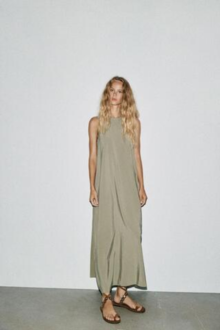 ZARA СТРУЯЩЕЕСЯ ПЛАТЬЕ МИДИ ОБЪЕМНОГО КРОЯ, ХАКИ