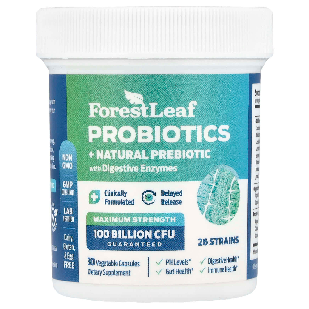 Forest Leaf, Пробиотики + натуральный пребиотик с пищеварительными ферментами, максимальная эффективность, 30 вегетарианских капсул