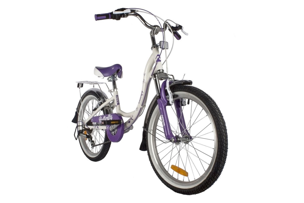 Велосипед Novatrack 20" BUTTERFLY, белый фиолетовый, алюм.6ск.TY21/RS35/SG-6SI, V-brake, багажник