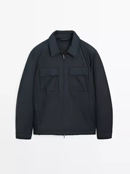 Massimo Dutti Непромокаемая легкая парка из смесового пуха, темно-синий