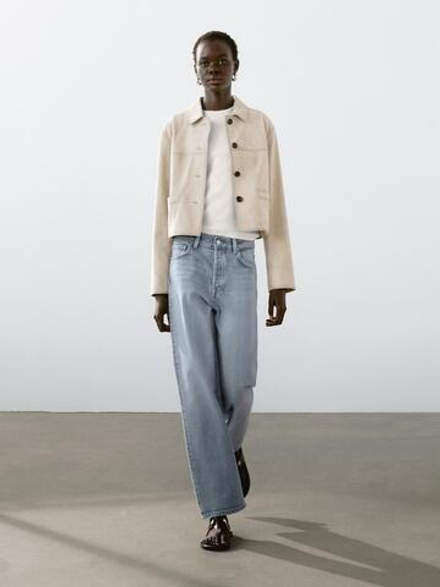 Massimo Dutti Короткая куртка из замши с декоративной строчкой, цвет льда