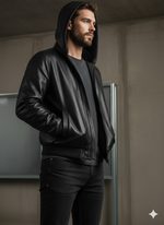 Куртка бомбер кожаная на меху с капюшоном