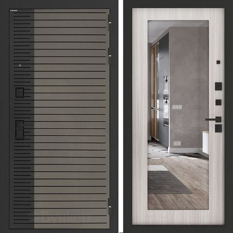 Входная металлическая дверь с зеркалом Бункер HIT Хит B-15 Веллюто кофе / зеркало ФЛЗ - 603 Сандал белый