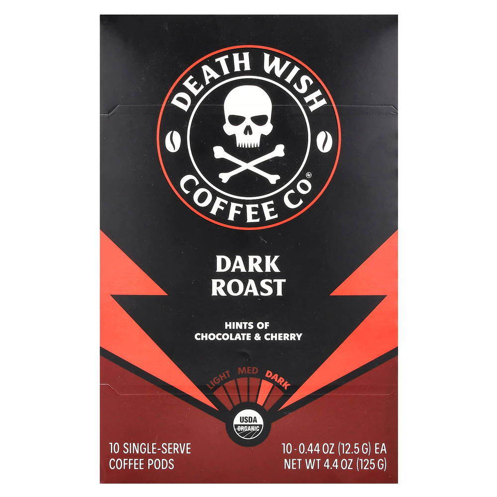 Death Wish Coffee, Порционные кофейные капсулы, темная обжарка, 10 капсул, по 12,5 г (0,44 унции)
