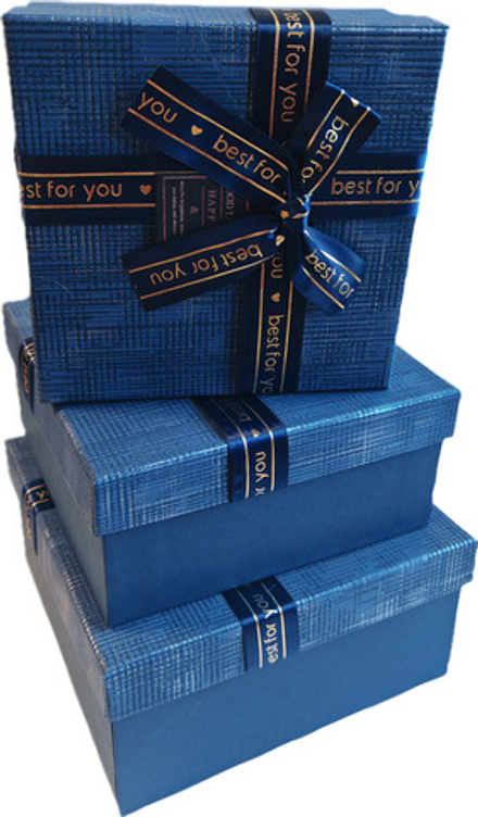 Набор подарочных коробок 3в1 с бантом, синий/золото 15*15*6.5, 17*17*8, 19*19*9.5см