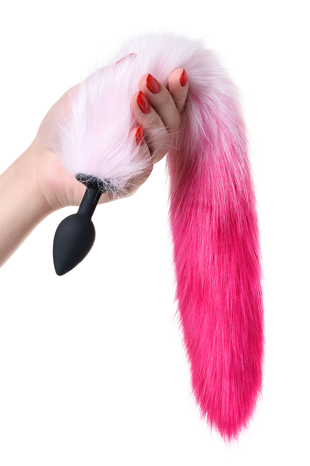 Анальная втулка с бело-розовым хвостом Small черная 7 см
