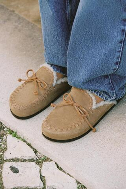 ZARA КОЖАНЫЕ САБО С ИСКУССТВЕННОЙ ОВЧИНОЙ, ПЕСОЧНО-КОРИЧНЕВЫЙ