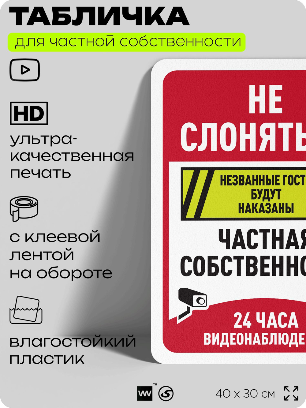 Табличка для частной территории "Не слоняться, частная собственность, видеонаблюдение 24 часа", на дом, для участка, предупреждающая, 40х30 см, Silver Plane x Айдентика Технолоджи