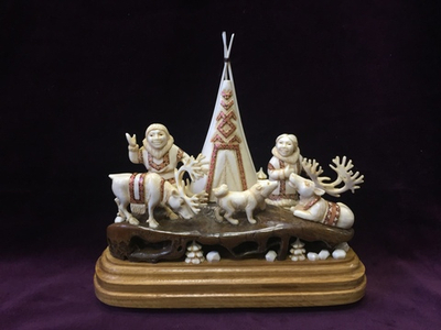 Остяцкое хозяйство. Сувенир, скульптурная композиция, резная кость. Ручная работа.