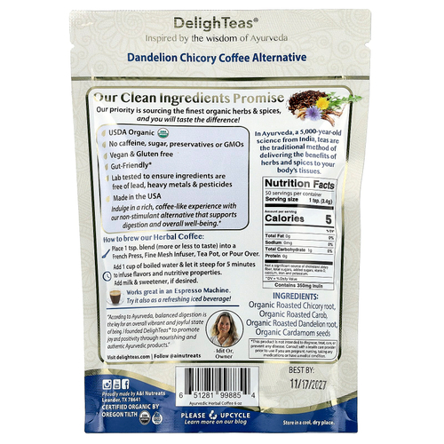 DelighTeas, аюрведическая травяная смесь, одуванчик и цикорий, альтернатива кофе, без кофеина, 170 г (6 унций)