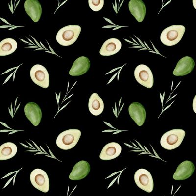 Авокадо на черном фоне. Акварельный паттерн