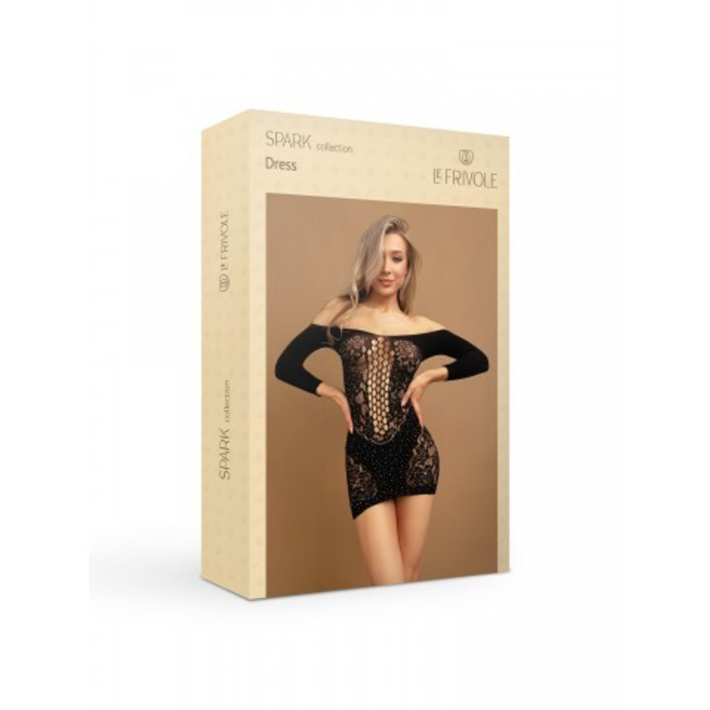 Искрящееся старзами черное платье с длинными рукавами (SPARK) (S/XXL)