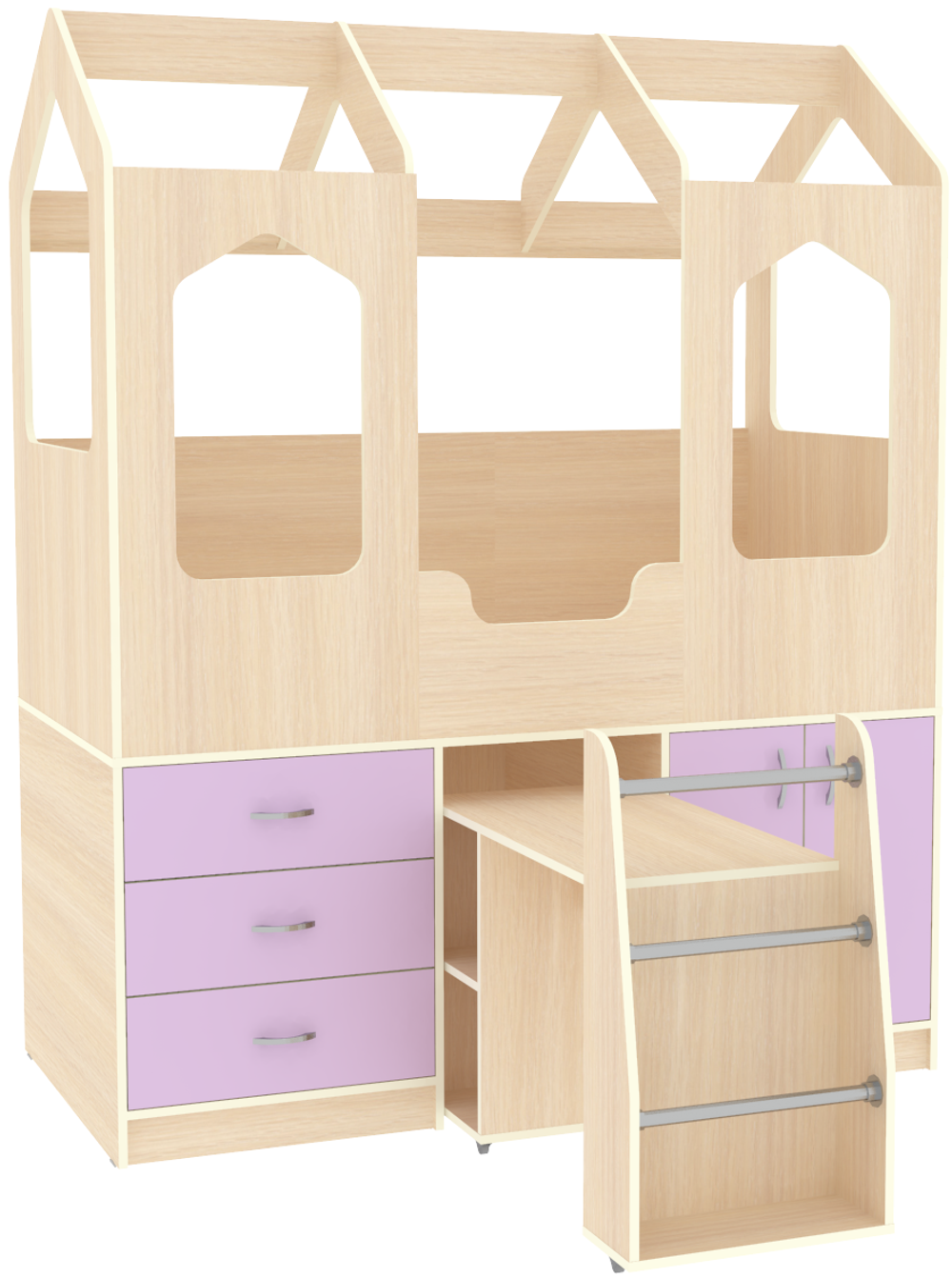 Кровать-чердак КарИВи Домик Сказка с выдвижным столом ДС-14  Дуб Молочный Ирис