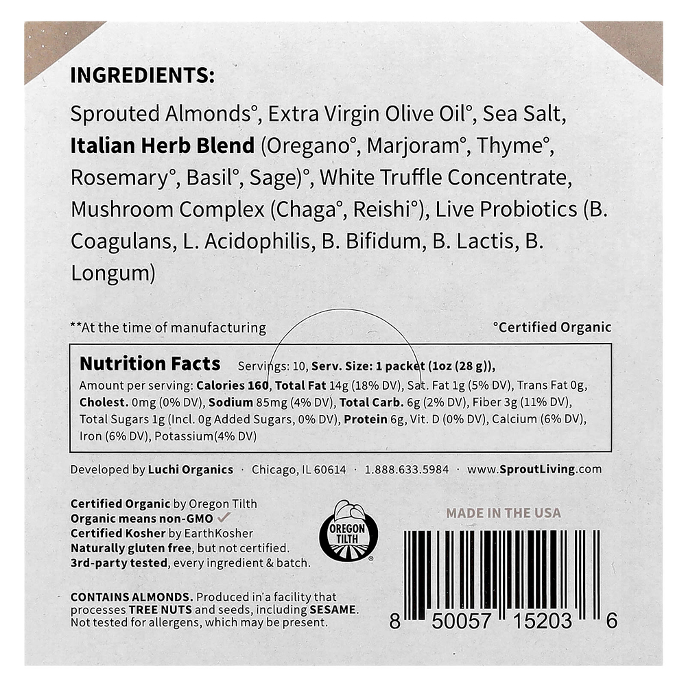Sprout Living, Пробиотический миндаль, итальянский трюфель с рейши и грибами чага, 10 пакетиков по 28 г (1 унция)