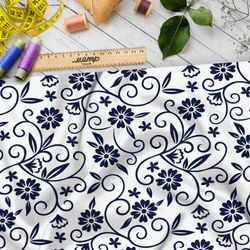 Ткань бязь роспись синими цветами на бежевом фоне