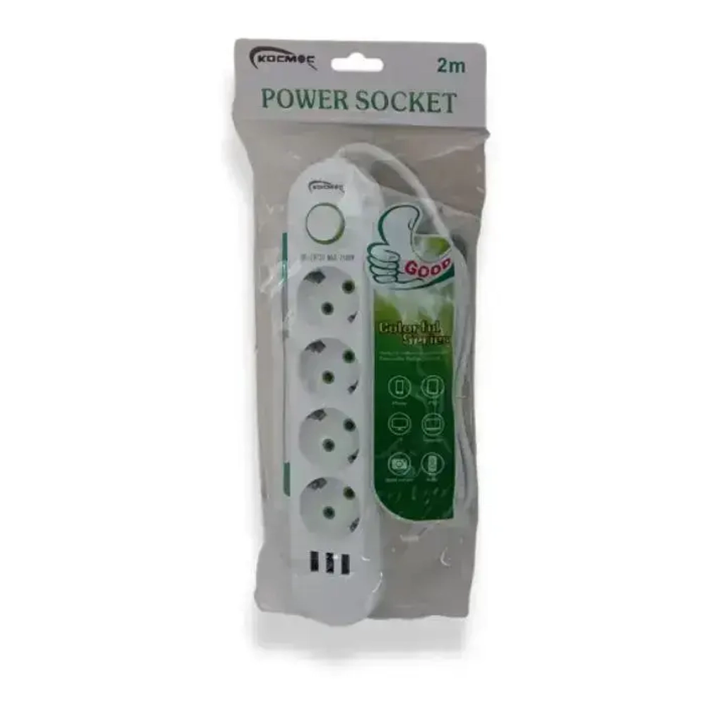 Удлинитель сетевой фильтр 2 метров 4 розетки + 3 USB Белый EU