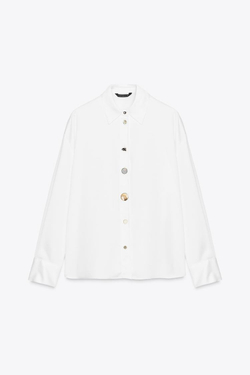 ZARA АТЛАСНАЯ РУБАШКА С КОМБИНИРОВАННЫМИ ПУГОВИЦАМИ, БЕЛЫЙ