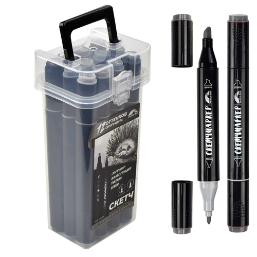 Набор скетчмаркеров двусторонних арт. 56636 / 2 ЕХИДНА (12 цв., размер бокса: 8х16,5х6,4 см, оттенки серого цвета, цвет корпуса: чёрный, материал: полипропилен, фетр (полиэстер), состав чернил: на спиртовой основе, толщина наконечников: "долото" - 6,