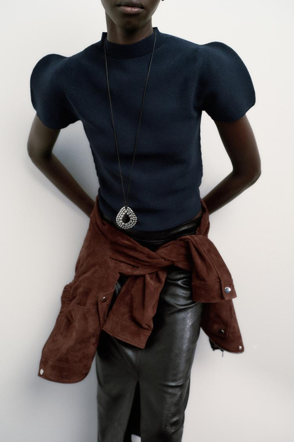 ZARA ТОП ТРИКОТАЖНЫЙ С РУКАВАМИ-БУФАМИ, МОРСКОЙ СИНИЙ