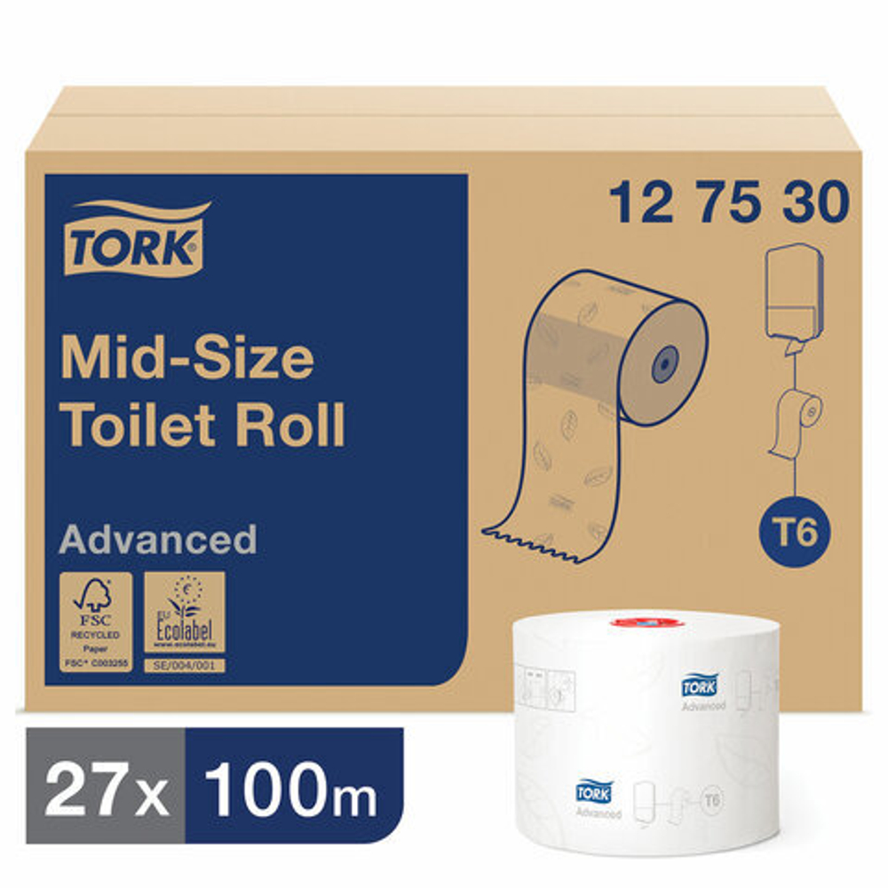 Бумага туалетная 100 м, TORK (Система Т6), комплект 27 шт., Advanced, 2-слойная, белая.