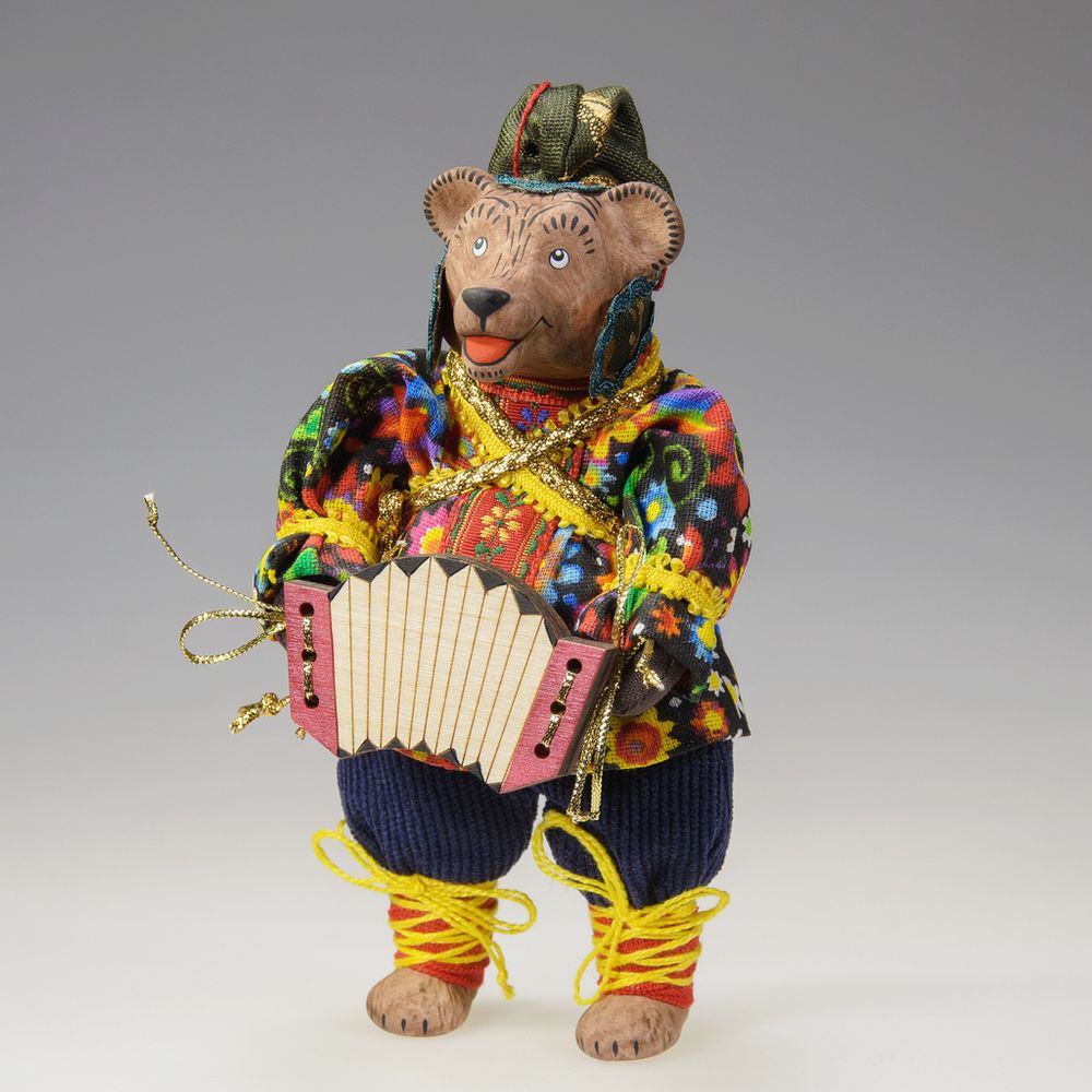 Ёлочная игрушка Медведь в колпаке с гармошкой
