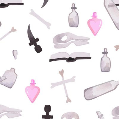 Артефакты ведьмы: череп, кости, книги, зелья, любовный напиток