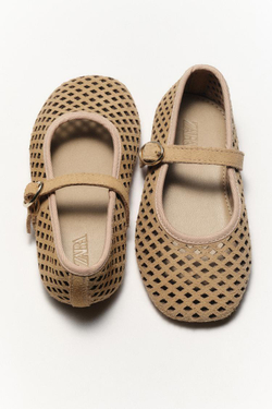 ZARA БАЛЕТКИ ИЗ КОЖИ АЖУРНЫЕ, ПЕСОЧНО-КОРИЧНЕВЫЙ