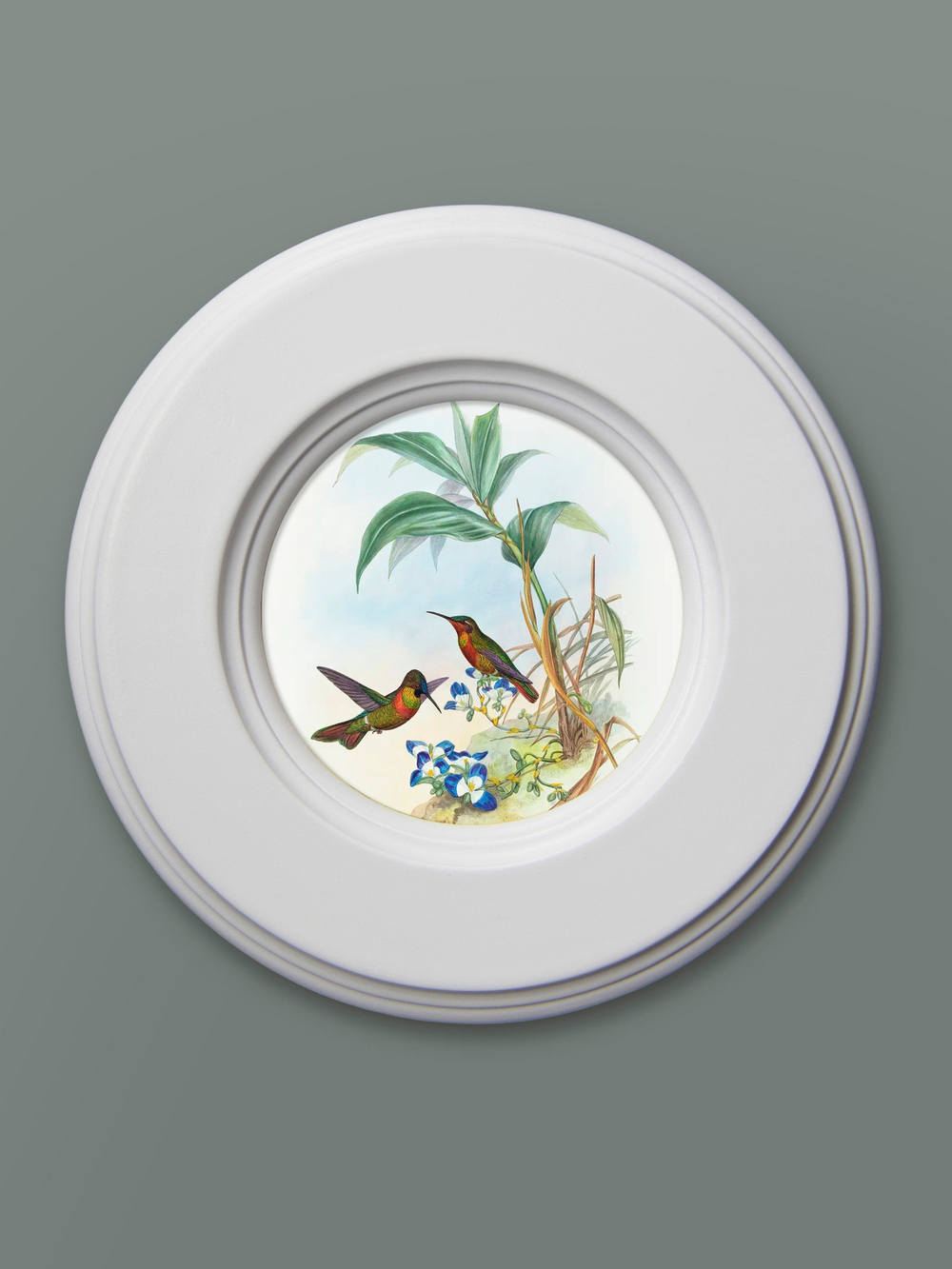 Картина на натуральном холсте в круглой деревянной раме "Райские птички"