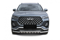 Защита переднего бампера (нержавейка) Chery Tiggo 7 Pro (2020-2023) d57+d42 с декор элем